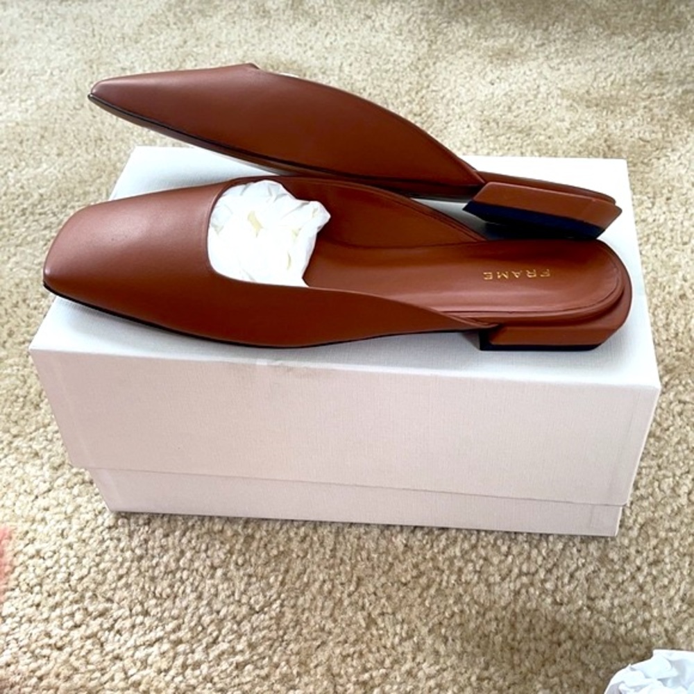 Frame Denim Cognac Leather Square-Toe Slingback Flats
